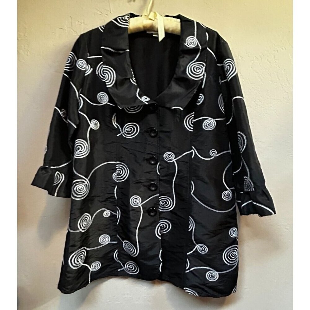 Puli Women's Black White Button Embroidered Front 3/4 Sleeve Blazer Size 12/42
